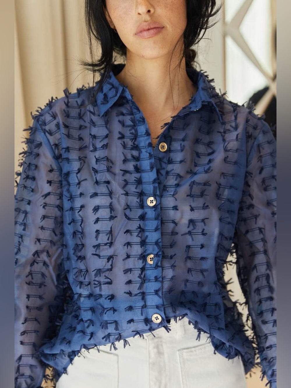 BURU Mel Button Down Shirt Navy Blue Sheer Size Medium - Picture 3 of 11
